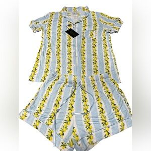Katie J NYC Blue and Yellow Pajama Set Classic Striped Design